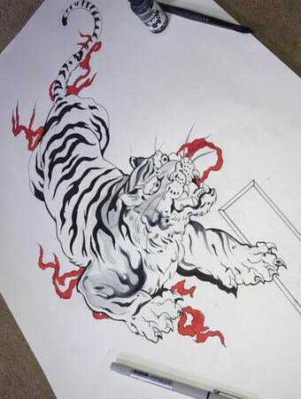 Made using ink and a brush and copic markers for the surrounding red flames. It is currently in progress, A2 sized paper. Inspired by Japanese woodblock print style.