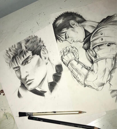 Sketches of the character Guts from Berserk. Made using charcoal and 2B,4B and 8B graphite pencils, both A4