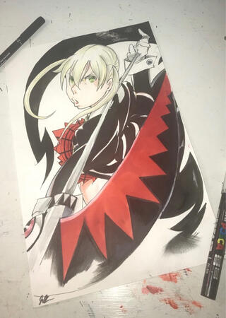 Fanart in the style of the anime “SoulEater” Maka Albarn, using fine liner pens and copic markers, pencils.